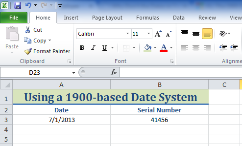 Screenshot of Excel with 1900-based date