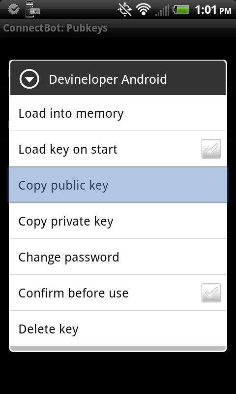 ConnectBot copy public key screenshot