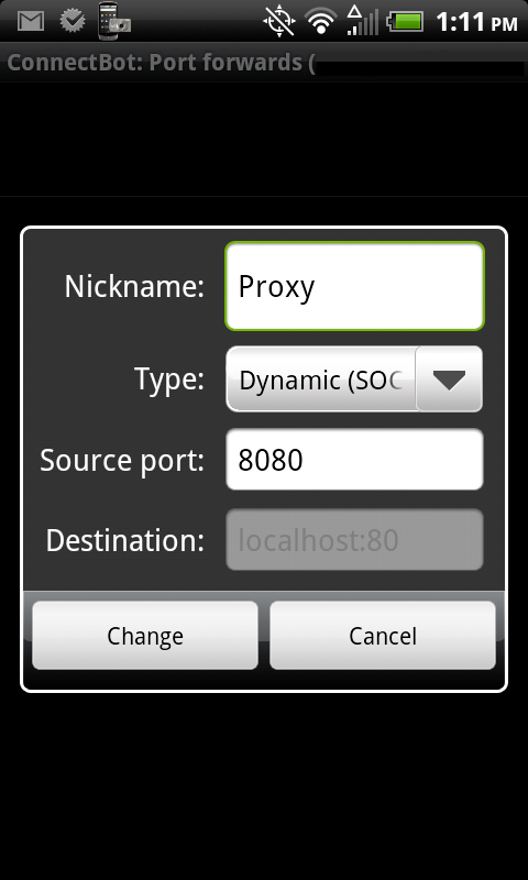 ConnectBot Port Forwarding setup screenshot