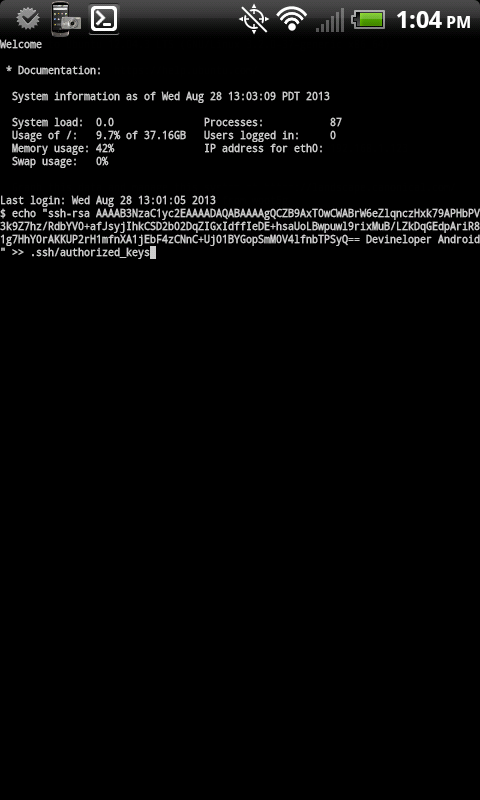 ConnectBot Save Public Key to SSH server screenshot
