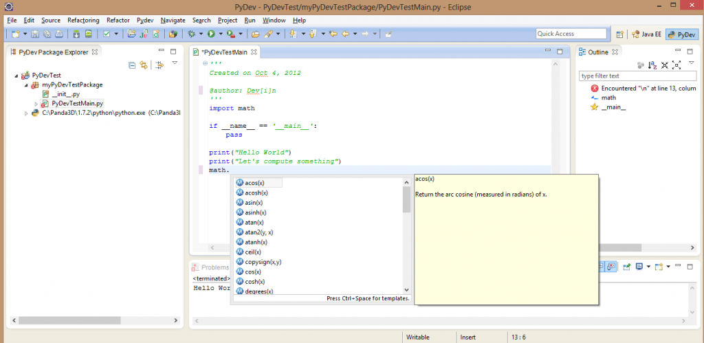 Screenshot of PyDev auto-completion